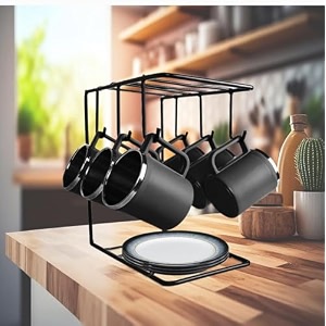 kuber industries kitchen stand  cup amp plate stand for kitchen  coffee and tea mug holder  plate stand for kitchen with 6 hooks  organizer for kitchen  stand hanger  white