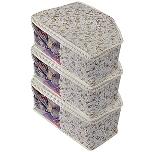 kuber industries non-woven metalic print blouse cover bags with zipwardrobe organizer for clotheswashable small cloth bagblack piping with transparent windowpack of 3 brown amp cream