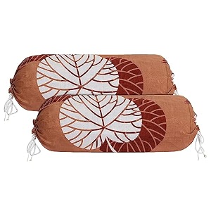 kuber industries leaf print bolster cover with drawstringround bedside long pillow coverdewan pillow cover set 16 x 32 bolster cover set of 2 brown
