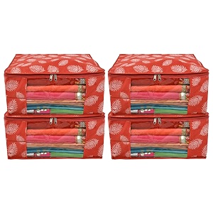 kuber industries leaf printed saree coverclothes organiser for wardrobe with transparent window pack of 4 orange