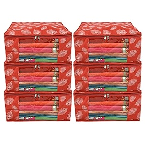 kuber industries leaf printed saree coverclothes organiser for wardrobe with transparent window pack of 4 orange