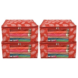 kuber industries leaf printed saree coverclothes organiser for wardrobe with transparent window pack of 4 orange