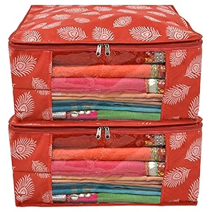kuber industries leaf printed saree coverclothes organiser for wardrobe with transparent window pack of 4 orange