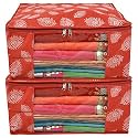 Kuber Industries Leaf Printed Saree Cover/Clothes Organiser For Wardrobe With Transparent Window, Pack of 4 (Orange)