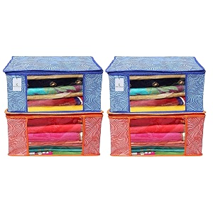 kuber industries leheriya printed 4 piece non woven fabric saree cover set with transparent window extra large orange amp blue -ctktc040808