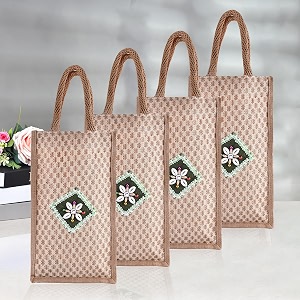 kuber industries reusable lunch bag with handle  jute carry bag  lunch handbag for office  tiffin carry patch hand bag  small  pack of 4  brown