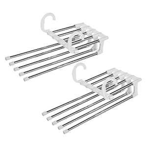 kuber industries magic pants hangerstainless steel 4 layers trousers hangercloset storage organizer for jeansscarvesbeltstowelspack of 2 white