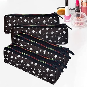 kuber industries rexine makeup pouch for cosmetic jewellery  multi utility toiletry pouch for girls  travel makeup pouches for girls  storage makeup bag  star print  pack of 4  black