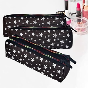 kuber industries rexine cosmetic pouch  jewellery utility bag  toiletry pouch for girls  travel makeup pouch for girls  storage makeup bag  star makeup pouch  pack of 3  black