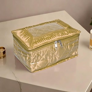 kuber industries makeup storage bag  vanity organizer  locker makeup kit  cosmetic organizer for travel  makeup kit for woman  12 detachable pouch  frill jewellery organizer  golden