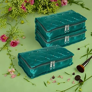 kuber industries makeup storage bag  vanity pouch  cosmetic kit for travel  6 pouch organizer  moti jewellery pendant  large  pack of 3  green
