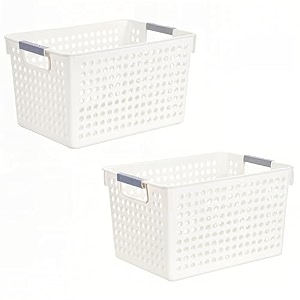 kuber industries medium hollow storage basket with handlekitchen amp home organizer for wardrobetray for toys fruits books-pack of 2 white