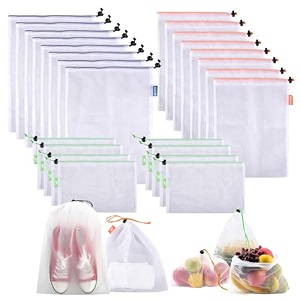 kuber industries mesh storage bag  reusable mesh bags  carry bags for fruits-vegetables-toys-groceries  8 small-8 medium-8 large travel storage bags  24 piece set  white