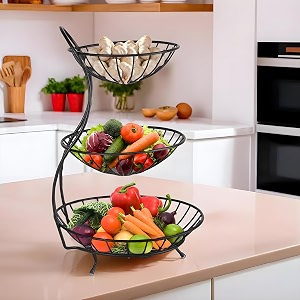 kuber industries metal 3-layer basket organizer for kitchen - aalu pyajonion storage basket amp circular countertop side stand  black 29x29x46 cm