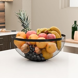 kuber industries metal fruits amp vegetables basket bowl  veggie baskets for dining table accessories  storage bowls for decorative pantry home amp kitchen multi-purpose use - black 27x27x13 cm