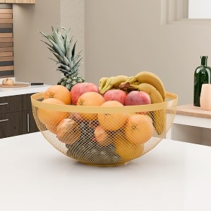 kuber industries metal fruits amp vegetables basket bowl  veggie baskets for dining table accessories  storage bowls for decorative pantry home amp kitchen multi-purpose use - golden