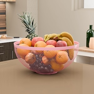 kuber industries metal fruits amp vegetables basket bowl  veggie baskets for dining table accessories  storage bowls for decorative pantry home amp kitchen multi-purpose use - pink