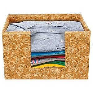 kuber industries metalic flower print non woven shirt stacker closet organizer - shirts and clothing organizer with handle beige