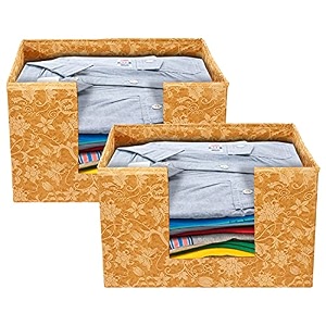kuber industries metalic flower print non woven shirt stacker closet organizer - shirts and clothing organizer with handle beige