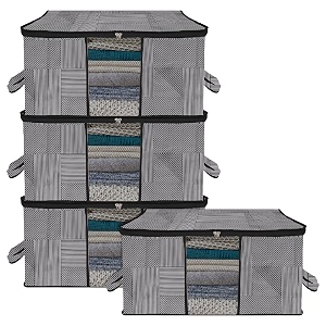 kuber industries non-woven underbed storage bagclothes storage organizerblanket cover with clear windowzipper closureamphandle cloth organizerlining-designlargepack of 4gray32 cm48cmblack