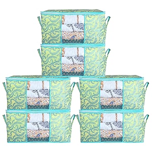 kuber industries metalic print underbed storage bagorganizer for clothes largenon-woven comforter blanket covertransparent window amp zipperside handlespack of 6 green