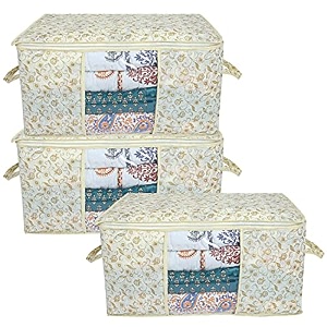 kuber industries metalic print underbed storage bagorganizer for clothes largenon-woven comforter blanket covertransparent window amp zipperside handlespack of 3 brown amp cream