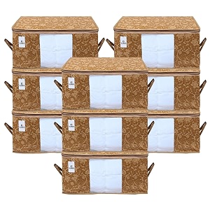 kuber industries metalic print underbed storage bagorganizer for clothes largenon-woven comforter blanket covertransparent window amp zipperside handlespack of 9 brown