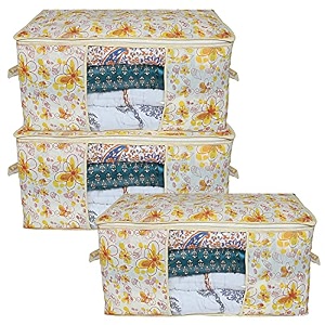 kuber industries metalic print underbed storage bagorganizer for clothes largenon-woven comforter blanket covertransparent window amp zipperside handlespack of 3 cream