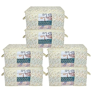kuber industries metalic print underbed storage bagorganizer for clothes largenon-woven comforter blanket covertransparent window amp zipperside handlespack of 3 brown amp cream