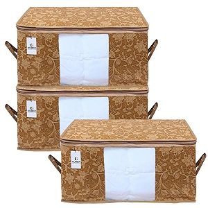 kuber industries metalic print underbed storage bagorganizer for clothes largenon-woven comforter blanket covertransparent window amp zipperside handlespack of 3 brown