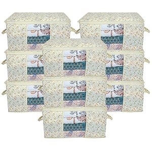 kuber industries metalic print underbed storage bagorganizer for clothes largenon-woven comforter blanket covertransparent window amp zipperside handlespack of 9 brown amp cream