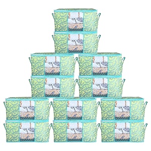 kuber industries metalic print underbed storage bagorganizer for clothes largenon-woven comforter blanket covertransparent window amp zipperside handlespack of 12 green