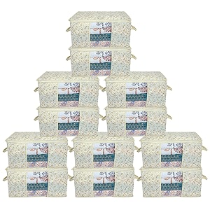 kuber industries metalic print underbed storage bagorganizer for clothes largenon-woven comforter blanket covertransparent window amp zipperside handlespack of 12 brown amp cream
