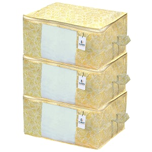 kuber industries metallic flower print foldable non woven fabric clothes storage bag wardrobe organizer with sturdy zipper clear window black kubmart16602 65x45x31 cm set of 3