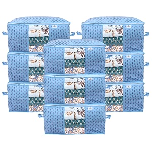 kuber industries metalic print underbed storage bagorganizer for clothes largenon-woven comforter blanket covertransparent window amp zipperside handlespack of 9 sky blue