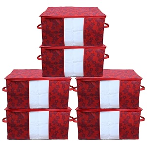 kuber industries metalic print underbed storage bagorganizer for clothes largenon-woven comforter blanket covertransparent window amp zipperside handlespack of 6 red