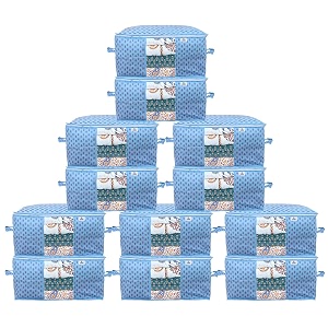 kuber industries metalic print underbed storage bagorganizer for clothes largenon-woven comforter blanket covertransparent window amp zipperside handlespack of 12 sky blue
