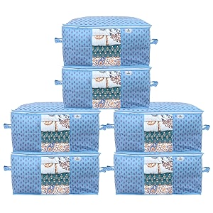 kuber industries metalic print underbed storage bagorganizer for clothes largenon-woven comforter blanket covertransparent window amp zipperside handlespack of 6 sky blue
