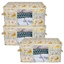 Kuber Industries Metalic Print Underbed Storage Bag|Organizer For Clothes Large|Non-Woven Comforter, Blanket Cover|Transparent Window &amp; Zipper|Side Handles|Pack of 3 (Cream)