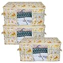 Kuber Industries Metalic Print Underbed Storage Bag|Organizer For Clothes Large|Non-Woven Comforter, Blanket Cover|Transparent Window &amp; Zipper|Side Handles|Pack of 3 (Cream)