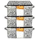 Kuber Industries Metallic Flower Print Foldable Non Woven Fabric Clothes Storage Bag Wardrobe Organizer with Sturdy Zipper, Clear Window (Black, KUBMART16602, 65x45x31 cm), Set of 3
