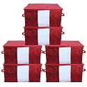 Kuber Industries Metalic Print Underbed Storage Bag|Organizer For Clothes Large|Non-Woven Comforter, Blanket Cover|Transparent Window &amp; Zipper|Side Handles|Pack of 6 (Red)