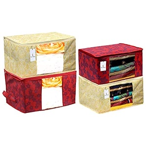 kuber industries metalic printed 2 piece non woven saree cover and 2 pieces underbed storage bag storage organiser blanket cover gold amp red -ctktc42390