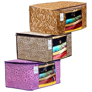 kuber industries metalic printed 3 piece non woven fabric saree cover set with transparent window extra large pink purple amp golden brown amp beige -ctktc040802