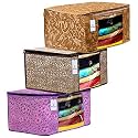 Kuber Industries Metalic Printed 3 Piece Non Woven Fabric Saree Cover Set with Transparent Window, Extra Large, Pink Purple & Golden Brown & Beige -CTKTC040802
