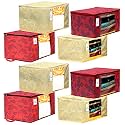 Kuber Industries Metalic Printed 4 Piece Non Woven Saree Cover and 4 Pieces Underbed Storage Bag, Storage Organiser, Blanket Cover, Gold &amp; Red -CTKTC42439