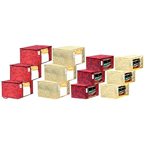 kuber industries metalic printed 6 piece non woven saree cover and 6 pieces underbed storage bag storage organiser blanket cover gold amp red -ctktc042483