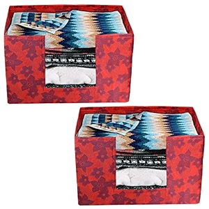 kuber industries metallic flower printed non-woven foldable saree stacker wardrobe organizer storage bin with handle- pack of 2 red-hs43kubmart26406