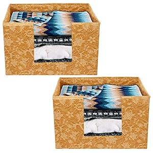 kuber industries metallic flower printed non-woven foldable saree stacker wardrobe organizer storage bin with handle- pack of 2 brown-hs43kubmart26398