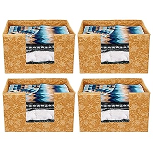 kuber industries metallic flower printed non-woven foldable saree stacker wardrobe organizer storage bin with handle- pack of 4 brown-hs43kubmart26402